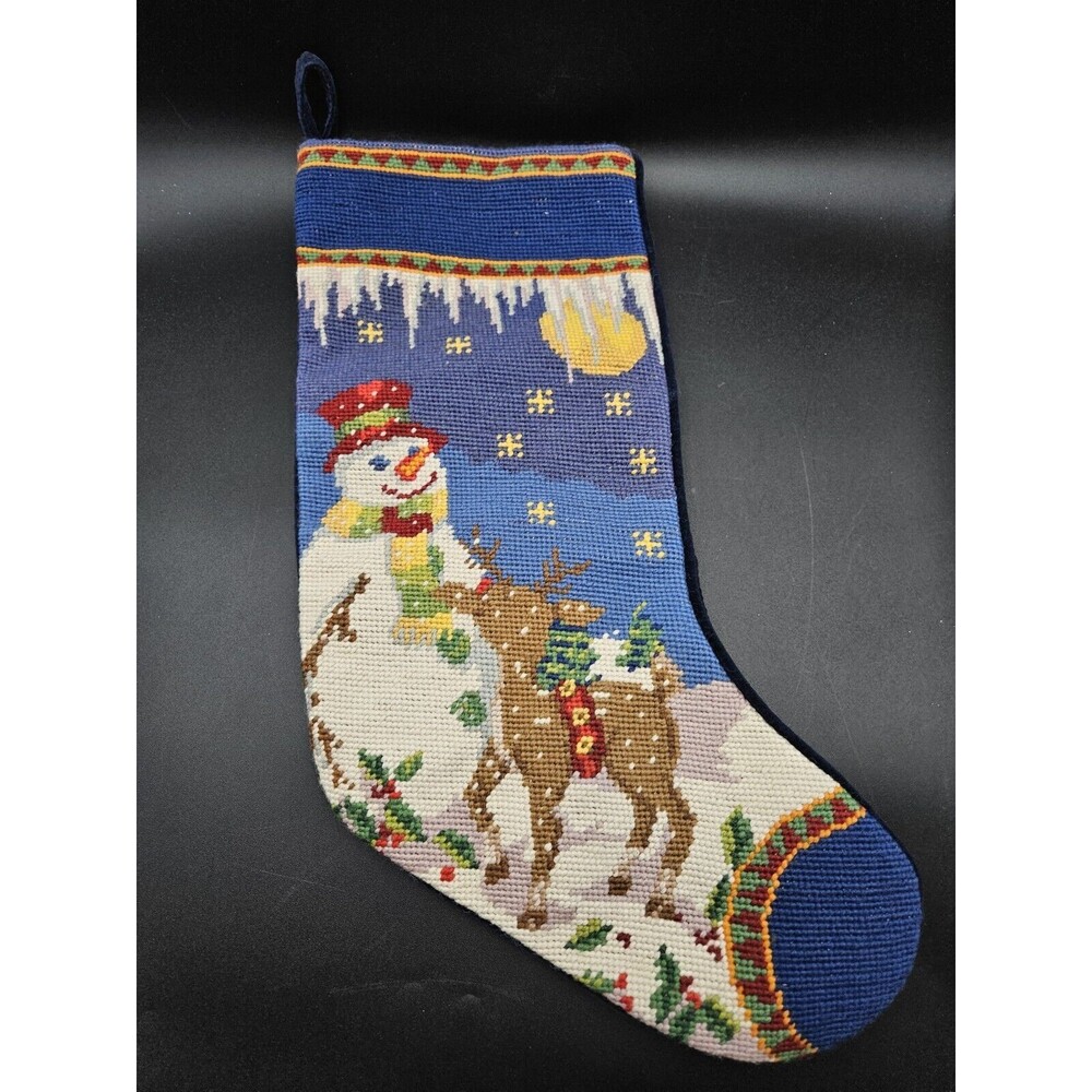 Snowman With Reindeer Needlepoint Christmas Stocking Blue Velvet Back